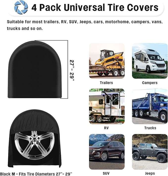 OutdoorLines Outdoor Waterproof Tire Covers Set of 4 - UV-Proof Trailer Wheel Cover Windproof Tire Protector for RV Jeep Trailer Camper Van Truck, Universal Tire Covering Fits Diameters 27"-29", Black