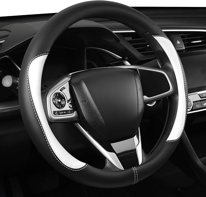 Car Steering Wheel Cover,Microfiber Leather Steering Wheel Cover Universal 15.5-16 inch, Anti-Slip Breathable Auto Wheel Cover Protector for Men Women (Black&White)