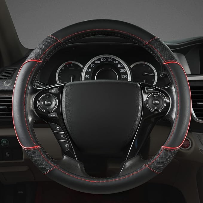 GIANT PANDA Microfiber Leather Steering Wheel Cover for Honda Accord,Civic,CR-V,HR-V,Pilot(Diamond-Pattern-Black+Red Line-Standard Size)