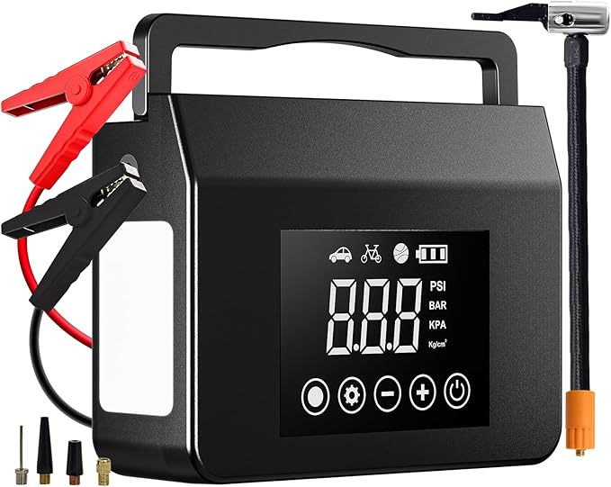 Hieha 4000A Portable Jump Starter with Air Compressor, 12V Car Battery Power (All Gas 8L Diesel) with 150PSI Tire Inflator 8000mAh PowerBank & Quick Charge, Flashlight, Emergency kit for Car, Truck