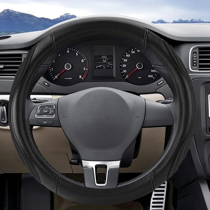 Black Film Splicing Leather Steering Wheel Cover, Microfiber Leather, Anti-Slip, Breathable, Universal Fit for 14.5–15 in Steering Wheel Cover for Men Women