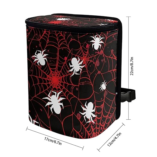 1.2 Gallons Mini Trash Can for Car, Halloween Spider Web Auto Trash Bag for Car, Adjustable Hanging for Tail of Console/Back of Seats, Odor-Free with Zipper Leak-Proof Lid Design Washable