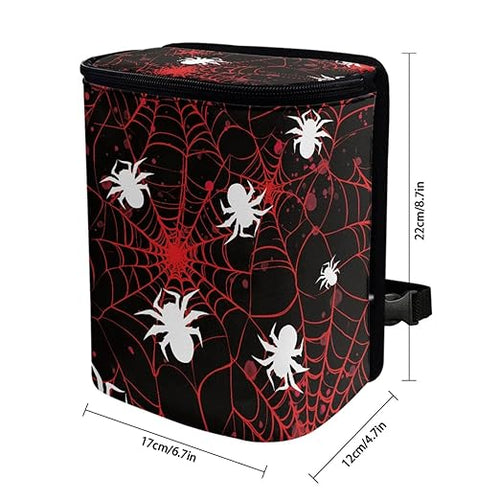 1.2 Gallons Mini Trash Can for Car, Halloween Spider Web Auto Trash Bag for Car, Adjustable Hanging for Tail of Console/Back of Seats, Odor-Free with Zipper Leak-Proof Lid Design Washable