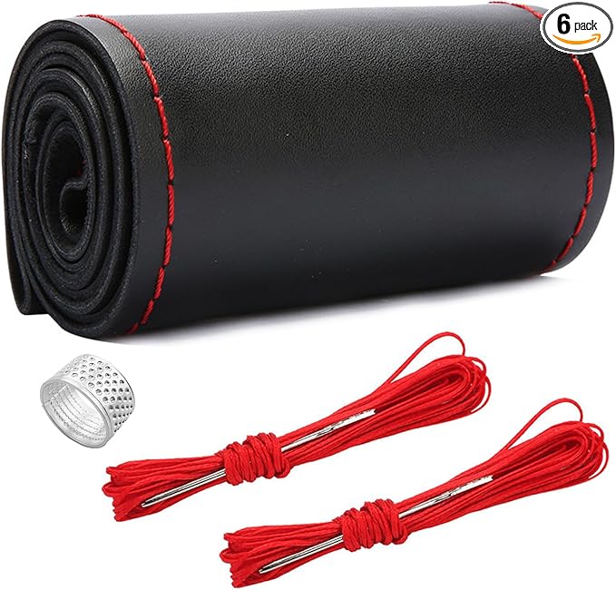 Ziciner Genuine Leather Steering Wheel Cover, Stitch on Wrap, Breathable Anti-Slip Car Steering Wheel Protector for Max Diameter 15 Inch, DIY Sewing with Needles Thread (Black/Red Line, Glossy)