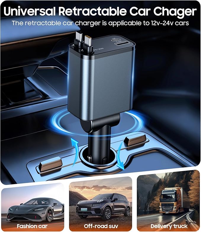 Temdan Retractable Car Charger, 4 in 1 Fast Charger USB C Car Truck Accessories, Travel Essentials for Christmas Day Gifts for Women Men, Car Accessories for iPhone 17 Pro Max Air 16 15 14 Plus,Galaxy