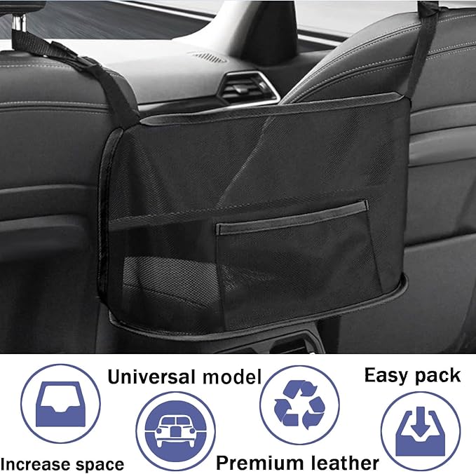Car Net Pocket Handbag Holder, Organizer Mesh Bag Between Seats, Driver Storage Netting Pouch for Handbag Purse, Universal Accessory for Women and Men, Pet/Kids Car Barrier (Black)