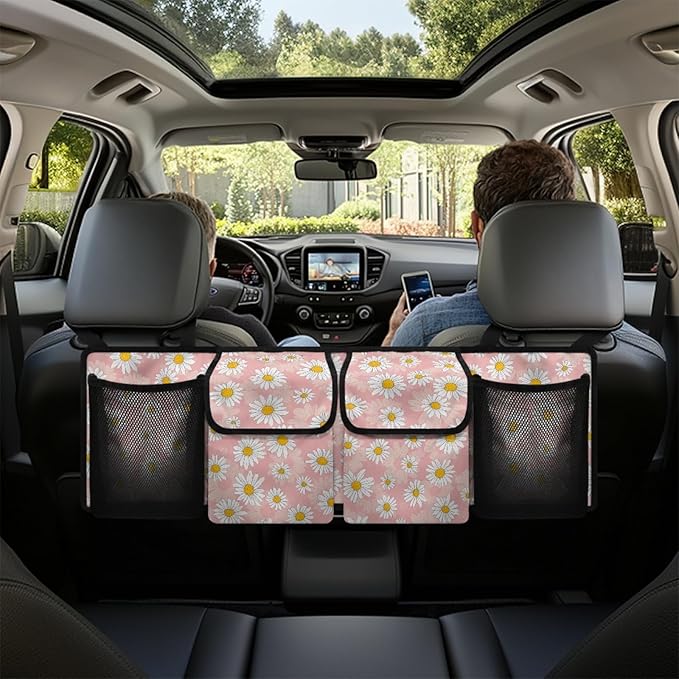 CLOHOMIN Daisy Car Trunk Organizer for Sedan Truck SUV Pink Auto Trunk Mesh Storage Easy to Install Car Rear Seat Hanging Storage Bag Auto Accessories