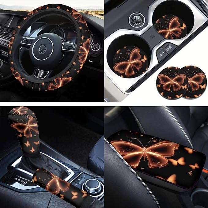 Butterfly 6pcs Car Steering Wheel Cover Sets Yellow Car Accessories for Men Women Cup Holder Handbrake Gear Cover for SUV Truck Sedan