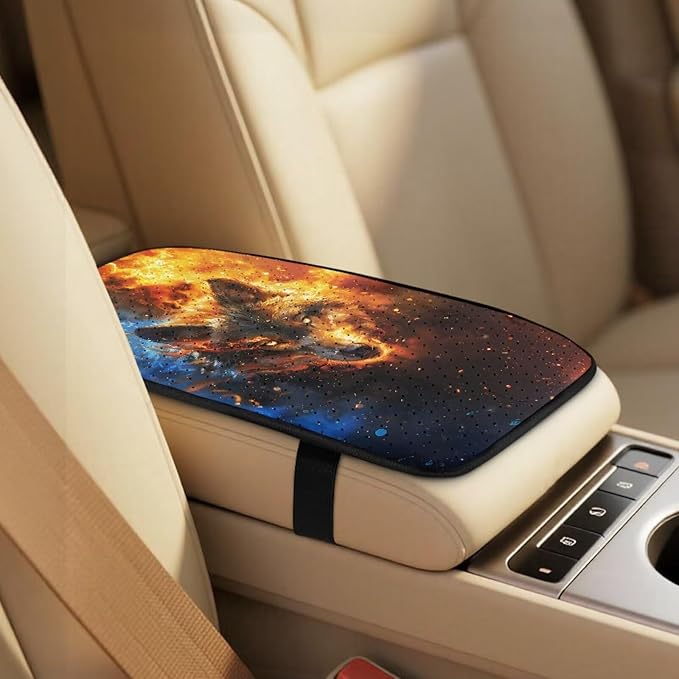 Qeluxign Fire Wolf Head PU Leather Car Seat Cover Set of 5 Auto Accessories 2 Front Bucket Seat Covers, 2 Seatbelt Pads & 1 Armrest Cover, Easy to Install