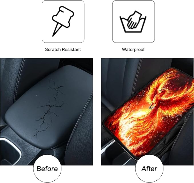 JANENFNA Car Armrest Cover Pads Universal Fashion Cute Auto Center Console Armrest Cover Pad with 2PCS Car Coasters Soft Waterproof Car Armrest Seat Protector for Women,Fiery Phoenix