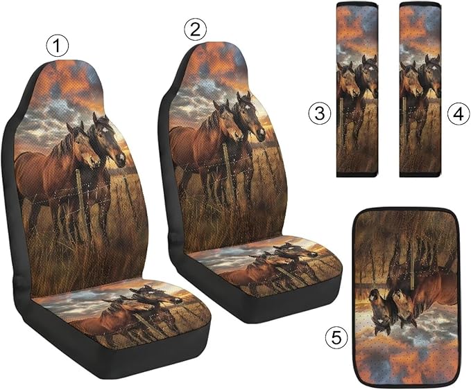 Qeluxign Sunset Horses Air Mesh Car Seat Covers & Accessories 5-Piece Set 2 Seat Covers, 2 Shoulder Belt Pads, 1 Console Pad PU Leather Car Interior Set for Women