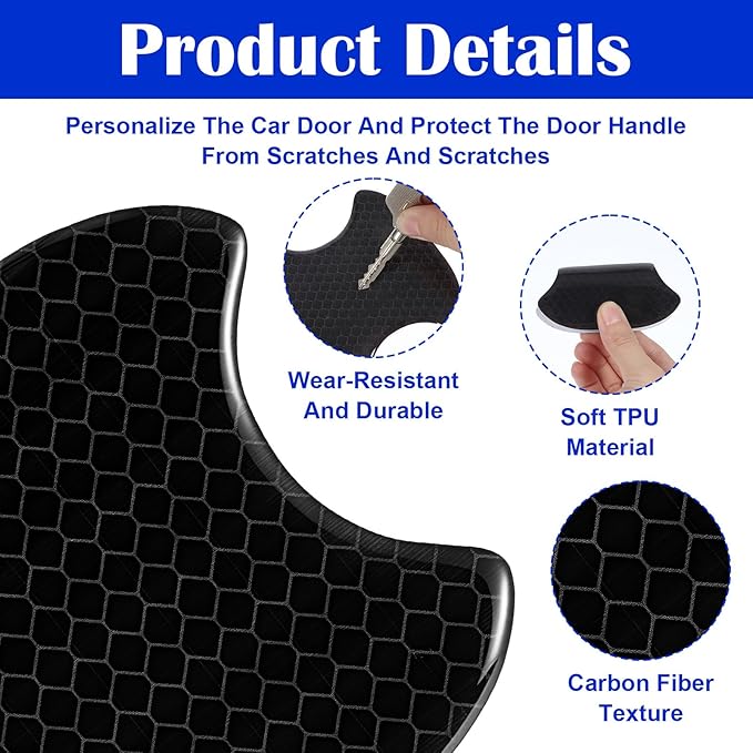 8PCS Car Door Handle Scratch Protector, Reflective Carbon Fiber Film Car Door Handle Protector, Self-Adhesive Anti-Scratch Guard, Universal Fit for Cars, Trucks, RVs, Automotive Bowl Sticker (Black)