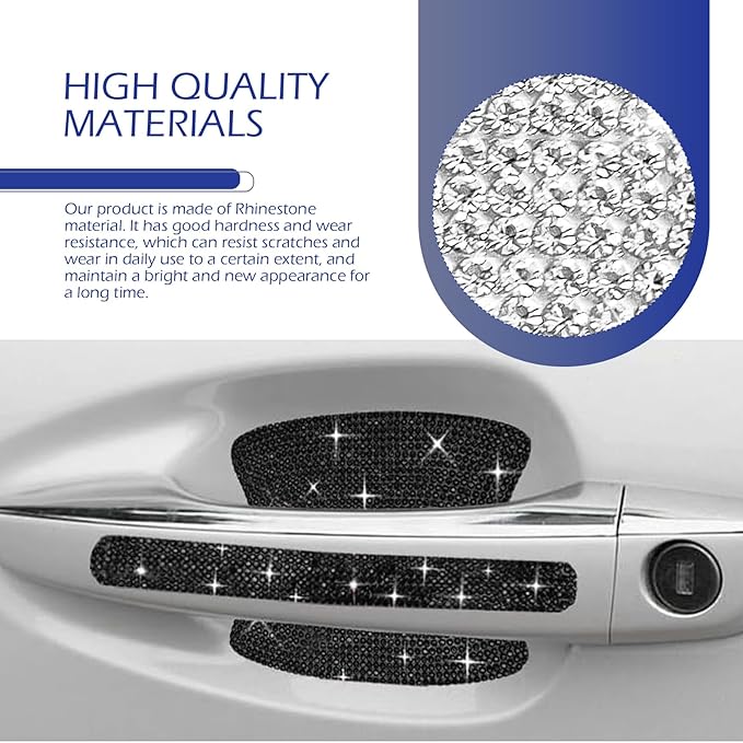 8PCS Bling Car Door Handle Protectors, Shiny Auto Doors Bowl Protective Sticker, Crystal Rhinestone Door Handle Scratch Decals, Auto Vehicle Protector Decor Covers (Black)