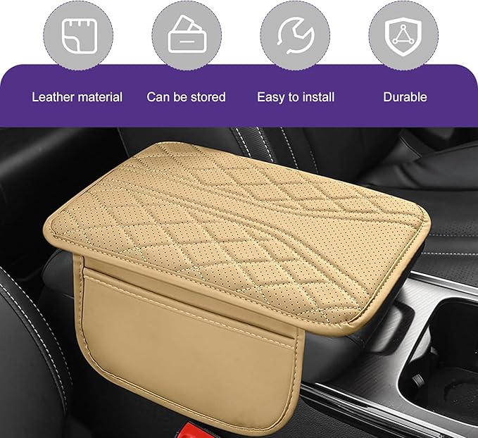 Cuymoap Car Armrest Cushion, Breathable Support Cover for Enhanced Elbow Comfort, Waterproof Anti-scratch Center Console Protector with Side Storage Pocket, Universal Slip-on Design for Car (Beige)