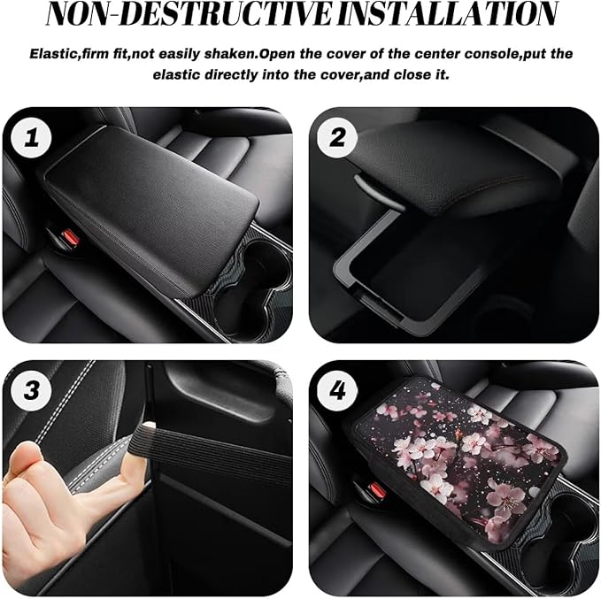 Dreaweet Center Console Cover Pink Cherry Blossom Car Accessories for Women Interior Cute Armrest Cover Cushion with Side Pockets,Soft Washable Car Arm Rest Cover Pad for Truck SUV