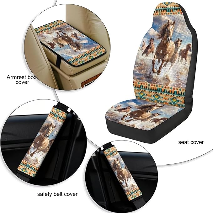 FUSURIRE Car Seat Covers Aztec Horse Print PU Front Seat Covers, Seat Belt Covers & Center Armrest Pad Universal Fit Interior Accessories for Cars Trucks and SUVs