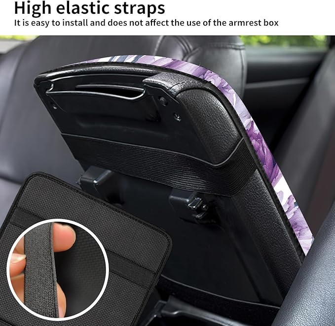 Car Center Console Cover, Universal Soft Large Neoprene Auto Armrest Seat Box Cover, Funny Car Decor Accessories Fit for Most Cars, Vehicles, SUVs Cute Purple Floral