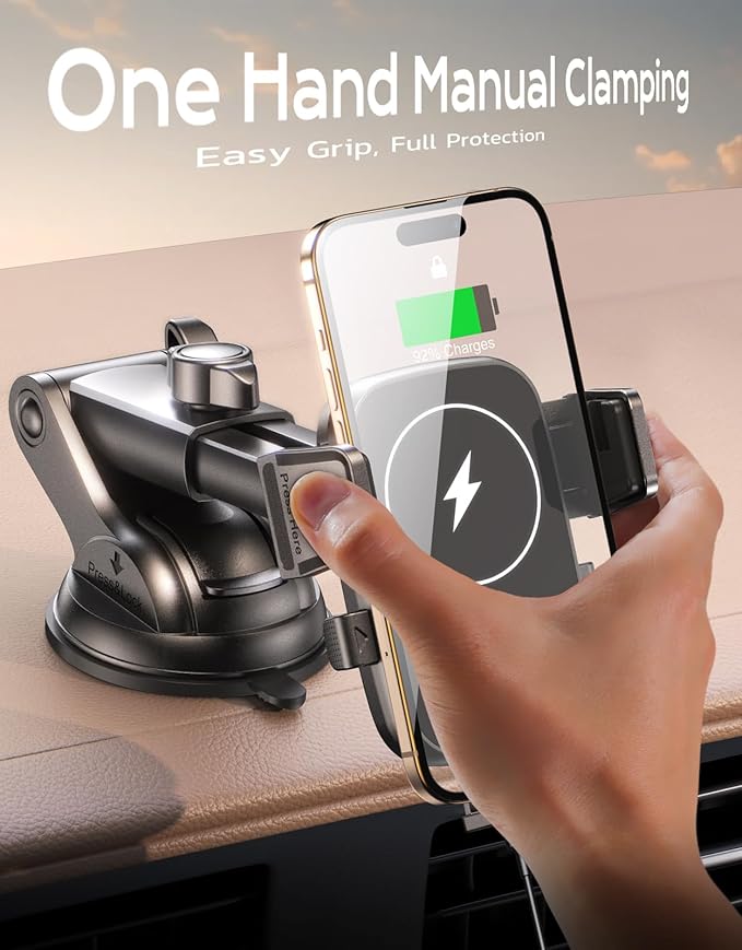 Niweya Wireless Car Charger, [15W Fast Charging] Car Phone Mount with Upgrade Suction, Car Phone Holder Charger for Dashboard Windshield Compatible with iPhone 17/16/15 Pro Max, Galaxy S25/S24 Ultra
