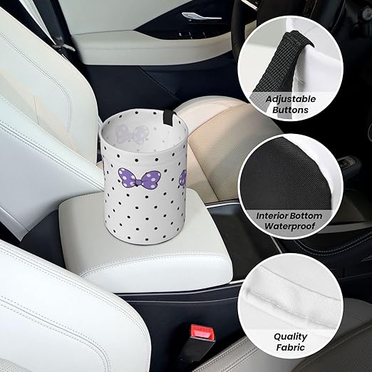 Cute White Polka Dot Purple Bow Car Trash Can Garbage Cans Foldable,Small Hanging Car Organizer Storage Bag Leak Proof, Auto Back Seat Trash Bin Universal for Truck, SUV, Outdoor Travel
