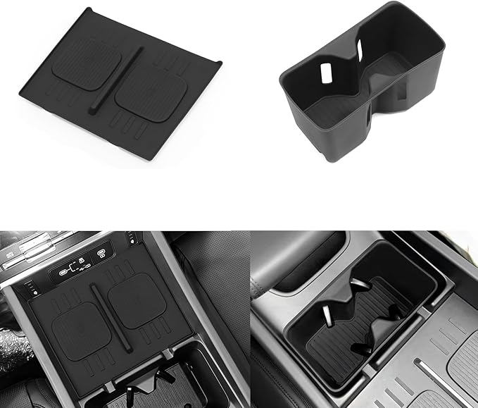 LUCKEASY for 2024 2025 2026 Hyundai Santa Fe Not for Hyundai Tucson Center Console Silicone Water Cup Holder Insert with Wireless Charging Pad Protector 2PCS Black for Santa Fe Accessories