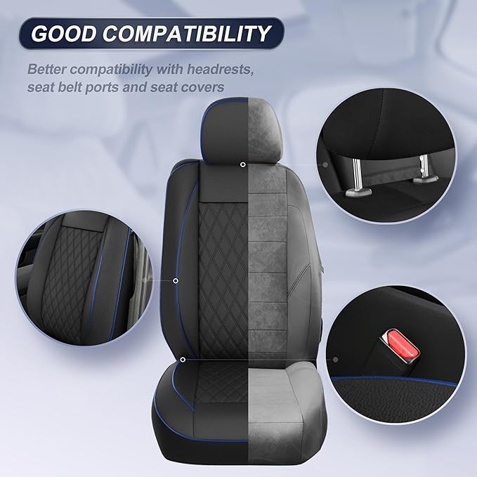 GIANT PANDA 2PCS Front Seat Covers for Hyundai, Piping Leather Durable Waterproof Seat Cover to Fit Sonata Elantra Santa Fe Tucson Accent Kona Palisade Genesis, Airbag Compatible (Black+Blue)