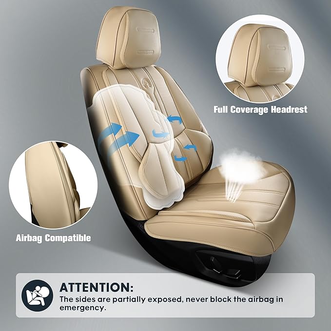 AOOG Car Seat Covers Full Set, Leather Seat Covers for Car, Waterproof Car Seat Protector with Lumbar Support, Automotive Seat Covers Universal Fit for Most Cars SUV Trucks (Full Set, Beige)