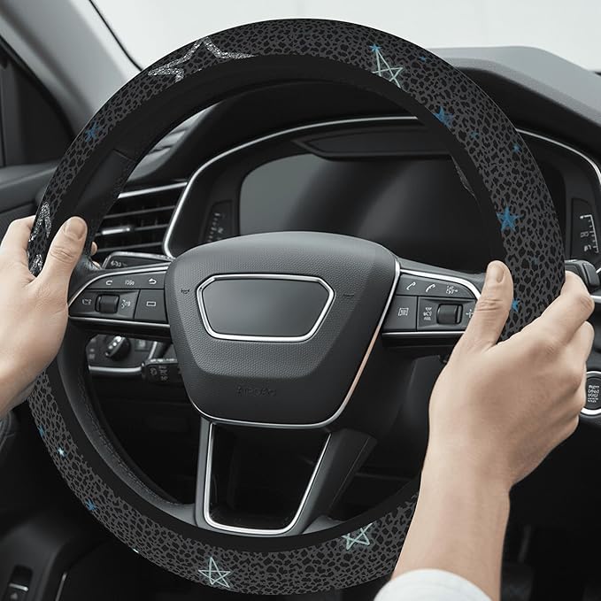 Cute Steering Wheel Cover for Women, Machine Washable Universal 14.5-15.5 inch Non-Slip Grip All Weather Use (Gray Leopard Stars)
