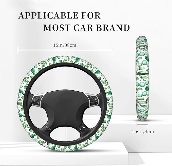 Green Cactus Steering Wheel Cover for Women Men Girls, Universal 15 Inch Cute Anti Slip Steering Wheel Protector Car Accessories Interior for Auto Truck SUV