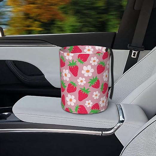 KXWQTRDD Car Garbage Bag Pink Strawberry and Floral Mini Car Trash Bin Portable Collapsible Waterproof Rubbish Bag for Car Accessories Back Front Seat Cup Holder