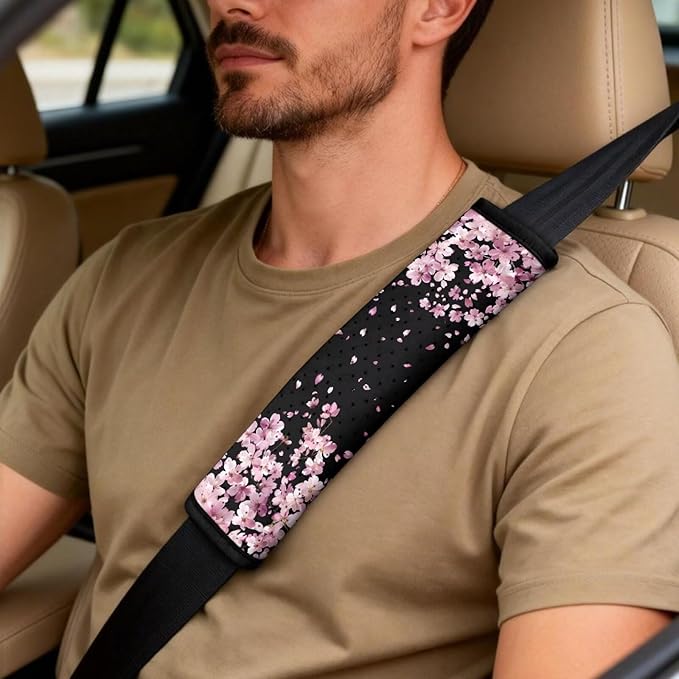 Psesaysky 5-Piece Auto Interior Covers Set Cherry Blossom PU Leather Breathable Front Seat Covers Seatbelt Covers & Armrest Pad for Cars, Trucks, SUVs, Vehicle Decor