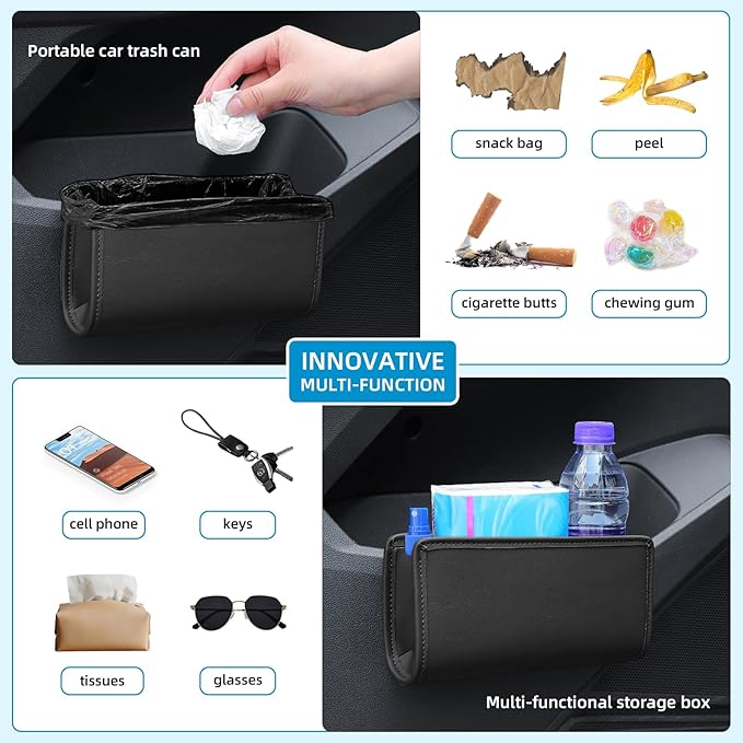 Car Trash Can, Leather Car Trash Bin Door Organizer with a Roll of Garbage Bag, Foldable Hanging Mini Cars Storage Must Have Essentials Interior Accessories(Black)