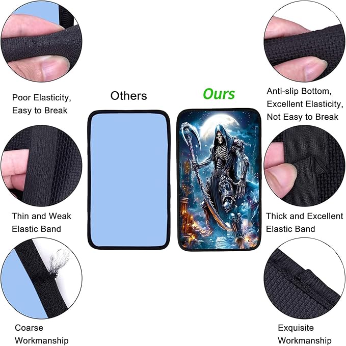 JANENFNA Car Armrest Cover Pads Universal Fashion Cute Auto Center Console Armrest Cover Pad with 2PCS Car Coasters Soft Waterproof Car Armrest Seat Protector for Women,Black Grim Reaper