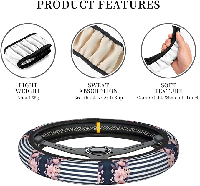 Fashion Flower Stripe Neoprene Steering Wheel Covers Women Men Car Accessories, Universal 15 Inch Fit Auto, Suvs, Truck