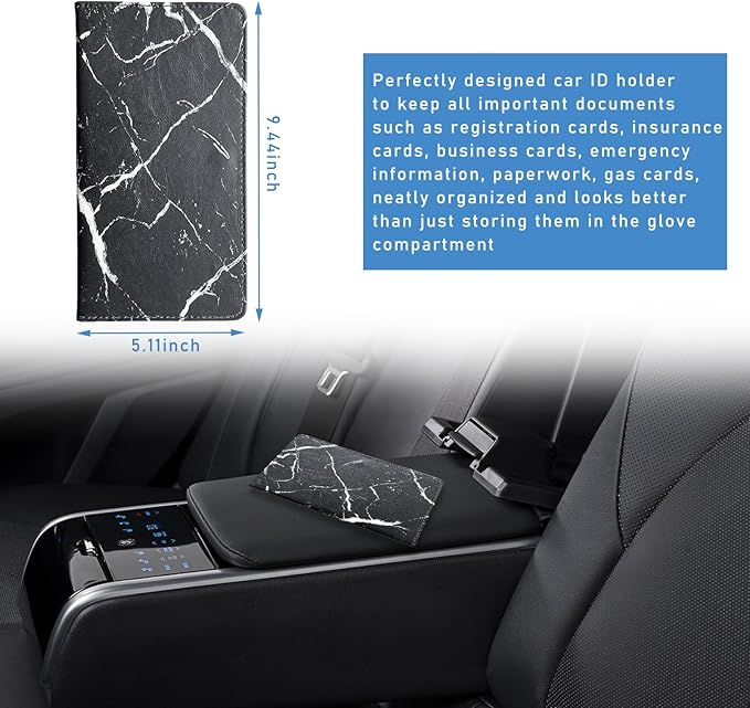 Ziciner Car Registration and Insurance Holder, Auto Card Document Glove Box Organizer with Magnetic Closure, Universal Vehicle Interior Accessories for Cars SUVs (Marble Black-Large)
