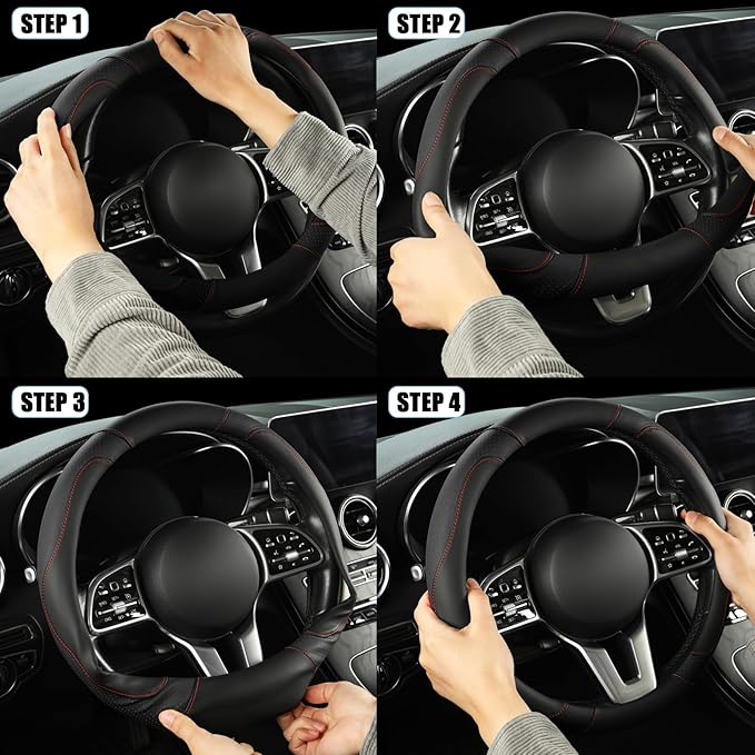 Binsheo Microfiber Leather D Shaped Steering Wheel Cover, Breathable, Anti Slip, 13.5 inch to 14 inch, Black