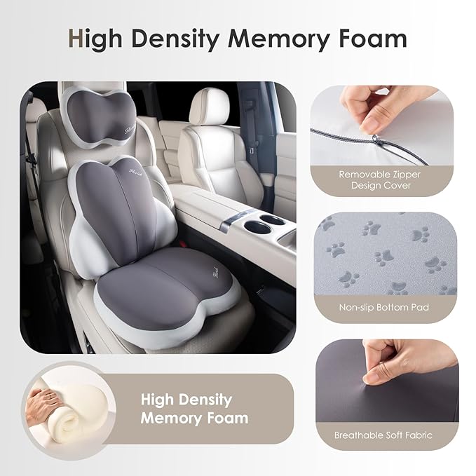 FLORICH 3 PCS Seat Cushion for Carseat Lumbar Support Pillow Car Neck Headrest Pillows Ultrathick Memory Foam Seat Pads Pressure Relief Back Cushion for Office Chair(Beige Grey)