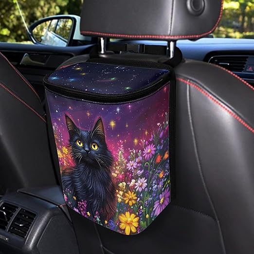 Talayituse Cat Daisy Galaxy Print Car Trash Can with Lid, Leak Proof Auto Trash Bag Hanging Vehicle Garbage Can Multipurpose Storage Container for Back Seat Road Trip