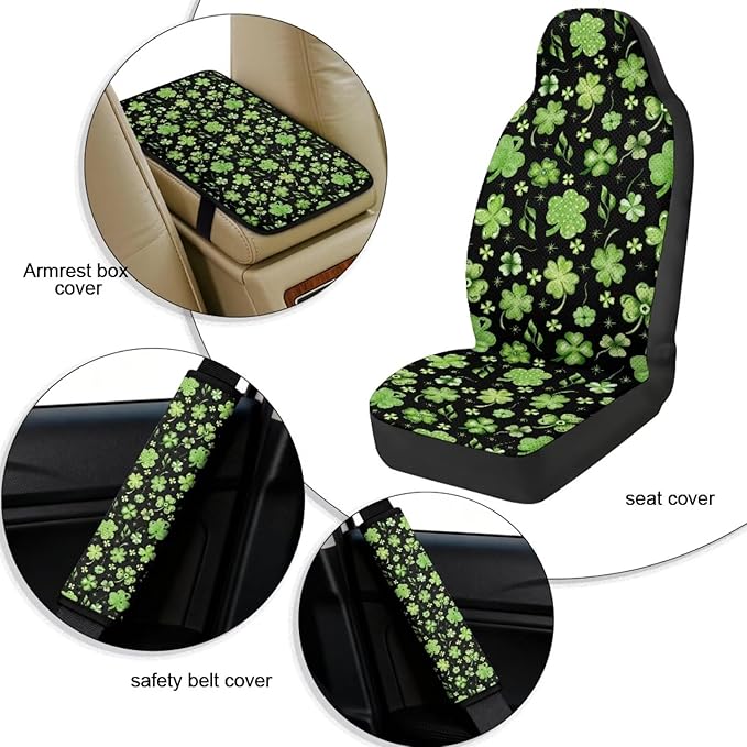 Oramclsy Shamrock Print Heavy Duty Car Seats Seat Covers with Universal Armrest Pad PU Breathable Seat Belt Covers 6 Pack Set St Patricks Day Accessories