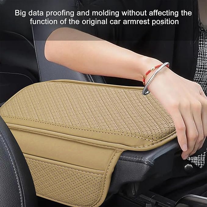 Car Center Console Cover, Microfiber Leather Armrest Cover Cushion with 2 Storage Bags, Anti-Scratch Middle Console Protector Interior Accessories for Most Cars SUVs Trucks (Beige)