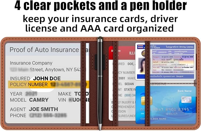 bvya Car Registration Insurance Card Holder, Glove Box Organizer Documents, ID, Driver License, Key Contact Paperwork Wallet, Accessories Storage Case for Truck, Vehicle, Auto, Men & Women with a Pen