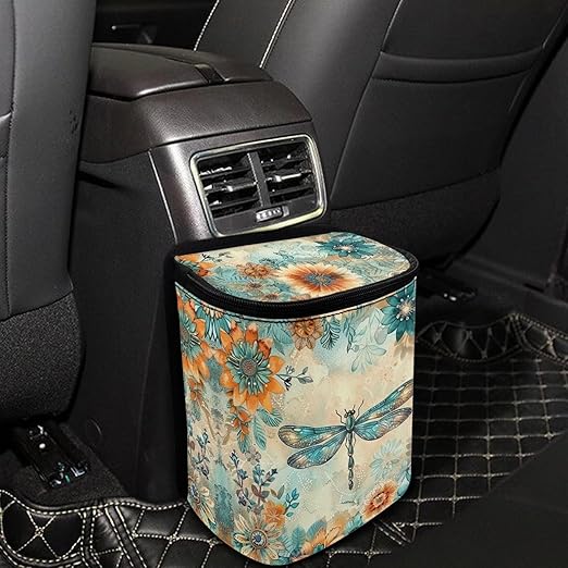 DISNIMO Floral Dragonfly Car Trash Can for Car Cute, Car Trash Bag Bin Hanging Foldable Automotive Car Garbage Cans Leak Proof Vehicle Trash Can Black