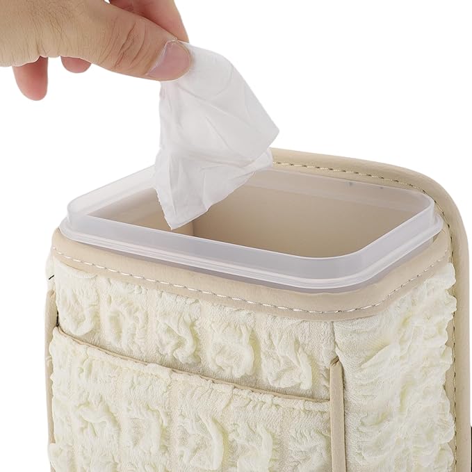 Car Trash Can Portable and Hanging 5.9" Length 4.3" Width 7.5" Height Trash Bin Fabric Beige White 1 Pcs