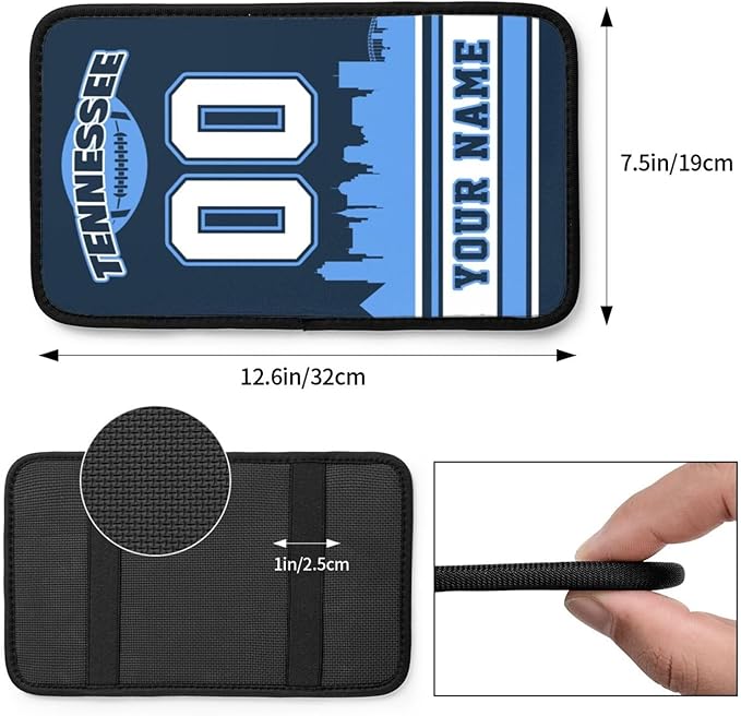 Custom Tennessee Car Armrest Covers Personalized Football Style with Name Number Customized Auto Center Console Pad Car Handrail Box Cushion for Most Vehicle Decor Accessories, Fans Gift