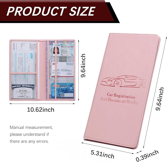 Peisicne Car Registration and Insurance Card Holder for Women Men, Pink Glove Box Paperwork Organizer with Magnetic Buckle for Easy Access and Protect Documents and Various Cards in Vehicle