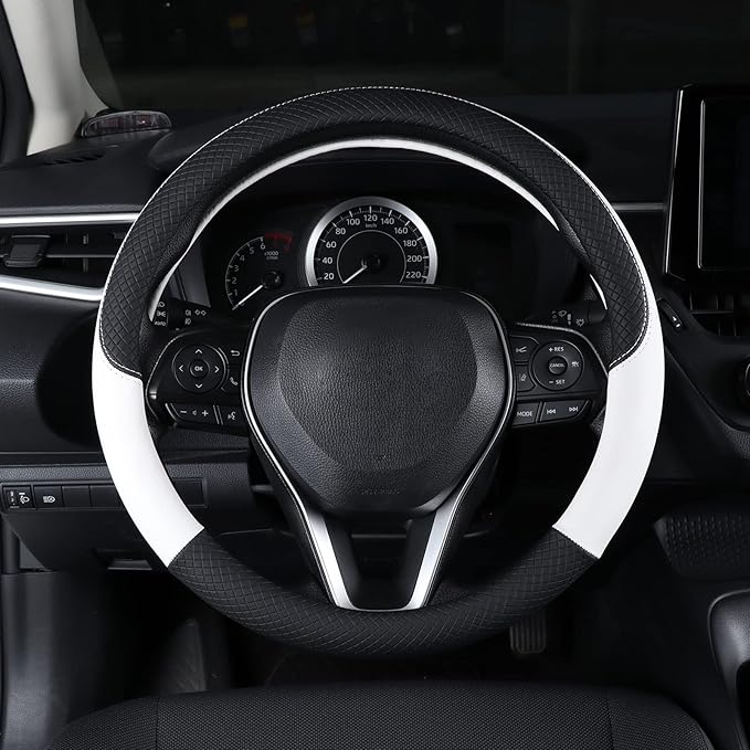 Auto Car Genuine Leather Steering Wheel Cover Anti Slip Wrap 15" (White)