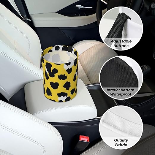 Car Trash Can Hanging, Yellow Leopard Print Waterproof Auto Garbage Bin Universal Vehicle Waste Container, 3.5L Capacity