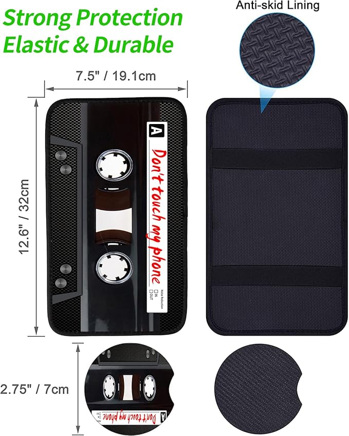 JANENFNA Car Armrest Cover Pads Universal Fashion Cute Auto Center Console Armrest Cover Pad with 2PCS Car Coasters Soft Waterproof Car Armrest Seat Protector for Women,Cassette Tape