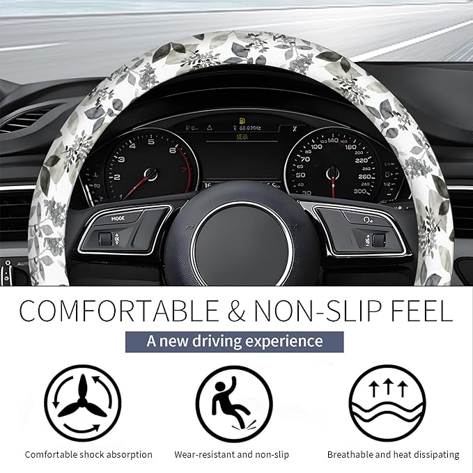 Steering Wheel Covers for Car, Truck, and SUV, Cute Non-Slip Breathable Elastic Steering Wheel, Car Accessories, Universal 15 Inch Leather Cover for Men Women Black White Leaf