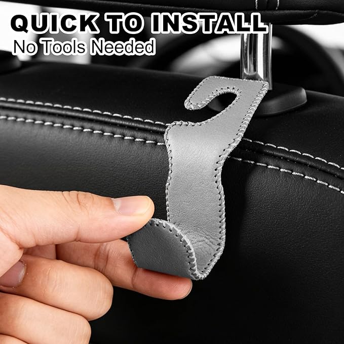 Car Seat Hooks for Purses and Bags, 2 Pack Car Purse Holder for Grocery Bag Handbag Clothes, Metal Headrest Hooks Covered by Leather, Gray