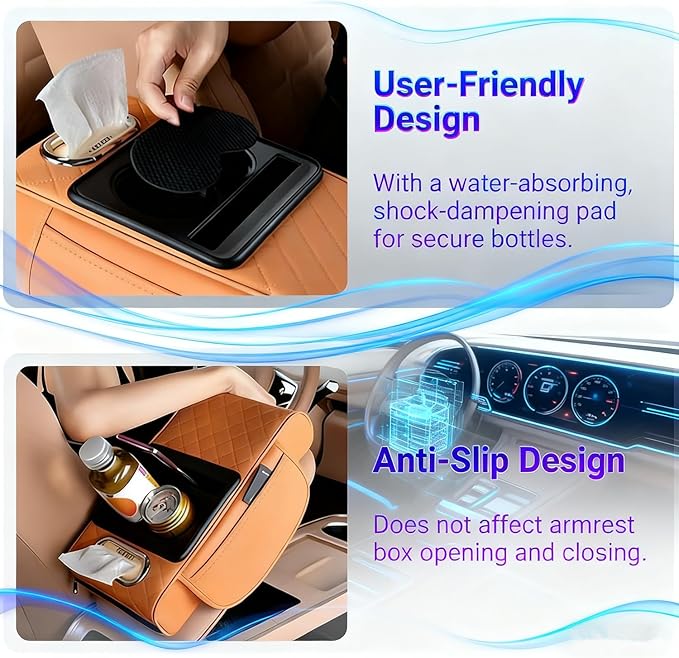 Multifunctional Pu Leather Car Armrest Box Mat, 5-in-1 Waterproof Car Armrest Organizer, Car Armrest Cushion Heightening Pad with Cup Holder, Tissue Boxes for Most Cars (Black-A)